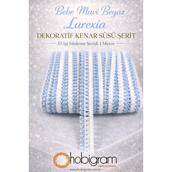 Bebe Mavi Beyaz Lurexia Dekoratif Kenar S&uuml;s&uuml; Şerit &ndash; El İşi S&uuml;sleme Şeridi 1 Metre-LUREXIA-104