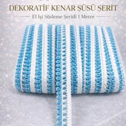 Turkuaz Beyaz Lurexia Dekoratif Kenar S&uuml;s&uuml; Şerit &ndash; El İşi S&uuml;sleme Şeridi 1 Metre-LUREXIA-107