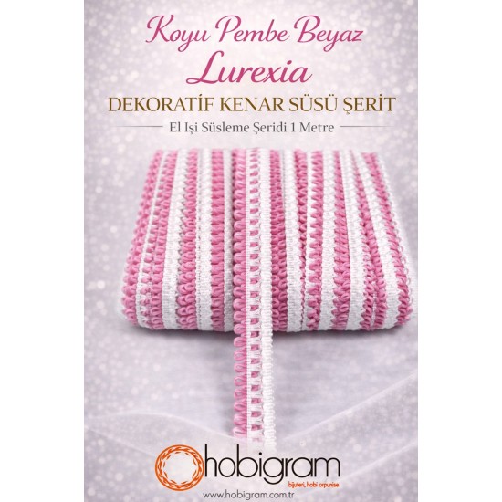 Koyu Pembe Beyaz Lurexia Dekoratif Kenar S&uuml;s&uuml; Şerit &ndash; El İşi S&uuml;sleme Şeridi 1 Metre-LUREXIA-108