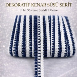 Lacivert Beyaz Lurexia Dekoratif Kenar S&uuml;s&uuml; Şerit &ndash; El İşi S&uuml;sleme Şeridi 1 Metre-LUREXIA-109