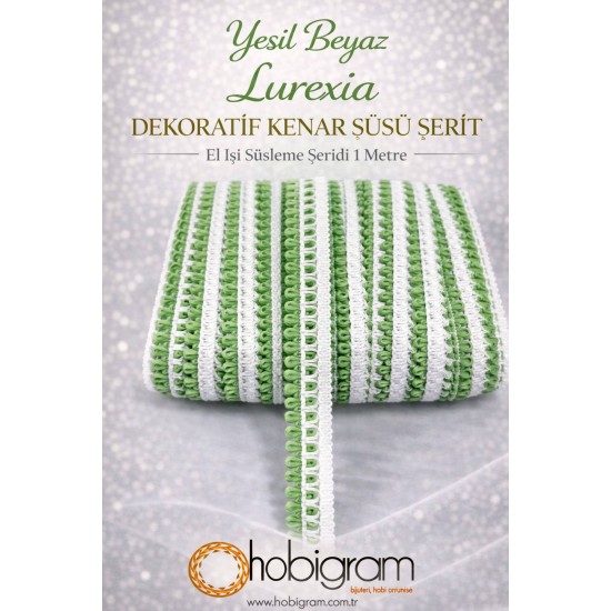 Yeşil Beyaz Lurexia Dekoratif Kenar S&uuml;s&uuml; Şerit &ndash; El İşi S&uuml;sleme Şeridi 1 Metre-LUREXIA-111