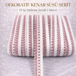 Koyu Pudra Beyaz Lurexia Dekoratif Kenar S&uuml;s&uuml; Şerit &ndash; El İşi S&uuml;sleme Şeridi 1 Metre-LUREXIA-112