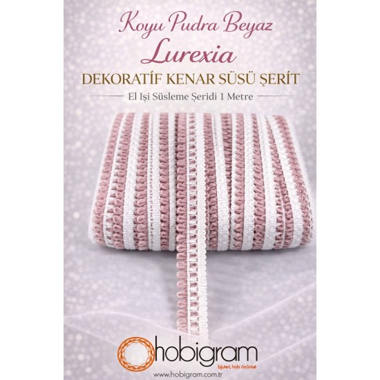 Koyu Pudra Beyaz Lurexia Dekoratif Kenar S&uuml;s&uuml; Şerit &ndash; El İşi S&uuml;sleme Şeridi 1 Metre-LUREXIA-112