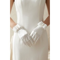Marvella Pearl Satin Beyaz Eldiven &ndash; İnci ve Fiyonk Detaylı Kısa L&uuml;ks Gelin & Davet Aksesuarı-MARVELLA-1