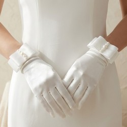 Marvella Pearl Satin Beyaz Eldiven &ndash; İnci ve Fiyonk Detaylı Kısa L&uuml;ks Gelin & Davet Aksesuarı-MARVELLA-1