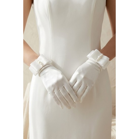 Marvella Pearl Satin Beyaz Eldiven &ndash; İnci ve Fiyonk Detaylı Kısa L&uuml;ks Gelin & Davet Aksesuarı-MARVELLA-1