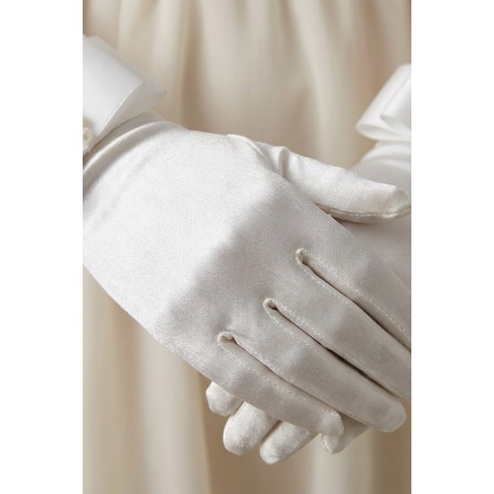 Marvella Pearl Satin Beyaz Eldiven &ndash; İnci ve Fiyonk Detaylı Kısa L&uuml;ks Gelin & Davet Aksesuarı-MARVELLA-1
