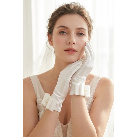 Marvella Pearl Satin Beyaz Eldiven &ndash; İnci ve Fiyonk Detaylı Kısa L&uuml;ks Gelin & Davet Aksesuarı-MARVELLA-1