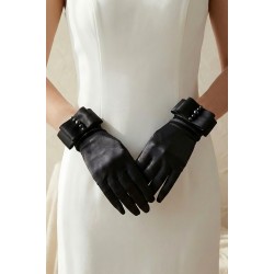 Marvella Pearl Satin Siyah Eldiven &ndash; İnci ve Fiyonk Detaylı Kısa L&uuml;ks Gelin & Davet Aksesuarı-MARVELLA-2