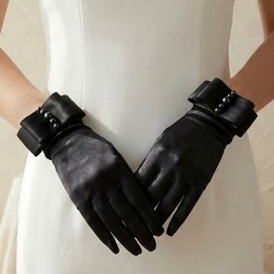 Marvella Pearl Satin Siyah Eldiven &ndash; İnci ve Fiyonk Detaylı Kısa L&uuml;ks Gelin & Davet Aksesuarı-MARVELLA-2