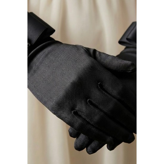 Marvella Pearl Satin Siyah Eldiven &ndash; İnci ve Fiyonk Detaylı Kısa L&uuml;ks Gelin & Davet Aksesuarı-MARVELLA-2