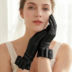 Marvella Pearl Satin Siyah Eldiven &ndash; İnci ve Fiyonk Detaylı Kısa L&uuml;ks Gelin & Davet Aksesuarı-MARVELLA-2