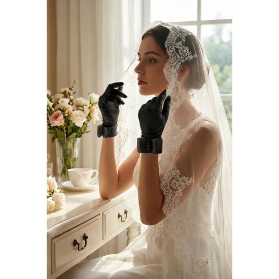 Marvella Pearl Satin Siyah Eldiven &ndash; İnci ve Fiyonk Detaylı Kısa L&uuml;ks Gelin & Davet Aksesuarı-MARVELLA-2