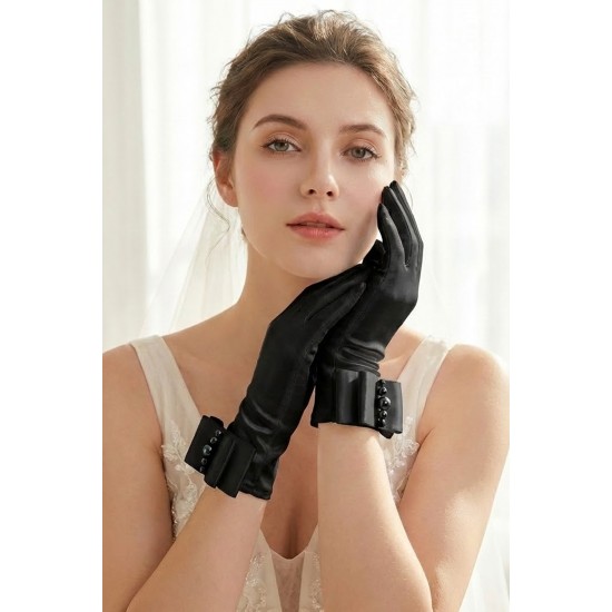 Marvella Pearl Satin Siyah Eldiven &ndash; İnci ve Fiyonk Detaylı Kısa L&uuml;ks Gelin & Davet Aksesuarı-MARVELLA-2