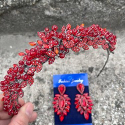 Michaelle Kırmızı Gelin Kına Tacı Özel Gün Aksesuar Kadın Taç Ve İnce Mekik Küpe Takımı-MICHAELLE-15 Michaelle Kırmızı Gelin Kına Tacı Özel Gün Aksesuar Kadın Taç Ve İnce Mekik Küpe Takımı-MICHAELLE-15