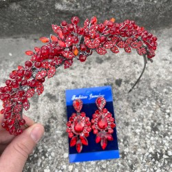 Michaelle Kırmızı Gelin Kına Tacı Özel Gün Aksesuar Kadın Taç Ve Üç Mekik Küpe Takımı-MICHAELLE-16 Michaelle Kırmızı Gelin Kına Tacı Özel Gün Aksesuar Kadın Taç Ve Üç Mekik Küpe Takımı-MICHAELLE-16