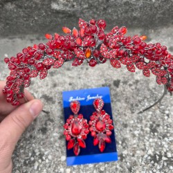 Michaelle Kırmızı Gelin Kına Tacı Özel Gün Aksesuar Kadın Taç Ve Üç Mekik Küpe Takımı-MICHAELLE-16 Michaelle Kırmızı Gelin Kına Tacı Özel Gün Aksesuar Kadın Taç Ve Üç Mekik Küpe Takımı-MICHAELLE-16