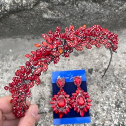 Michaelle Kırmızı Gelin Kına Tacı Özel Gün Aksesuar Kadın Taç Ve Geniş Mekik Küpe Takımı-MICHAELLE-17 Michaelle Kırmızı Gelin Kına Tacı Özel Gün Aksesuar Kadın Taç Ve Geniş Mekik Küpe Takımı-MICHAELLE-17