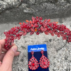 Michaelle Kırmızı Gelin Kına Tacı Özel Gün Aksesuar Kadın Taç Ve Damla Mekik Küpe Takımı-MICHAELLE-18 Michaelle Kırmızı Gelin Kına Tacı Özel Gün Aksesuar Kadın Taç Ve Damla Mekik Küpe Takımı-MICHAELLE-18