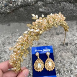 Michaelle Gold Gelin Kına Tacı Özel Gün Aksesuar Kadın Taç Ve Damla Mekik Küpe Takımı-MICHAELLE-19 Michaelle Gold Gelin Kına Tacı Özel Gün Aksesuar Kadın Taç Ve Damla Mekik Küpe Takımı-MICHAELLE-19