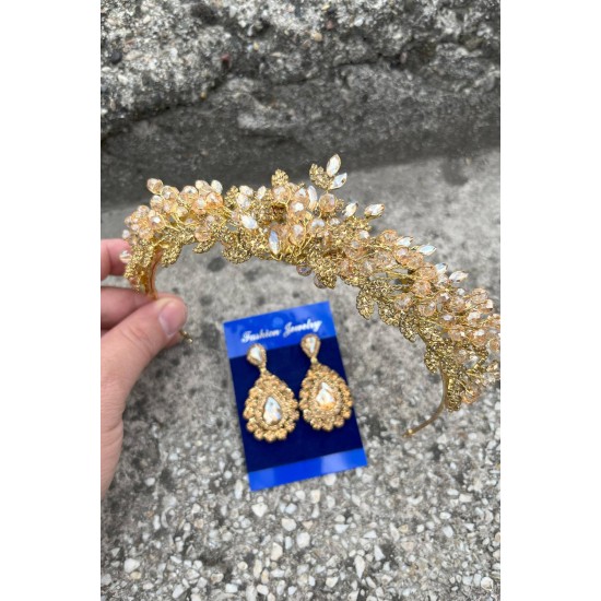 Michaelle Gold Gelin Kına Tacı Özel Gün Aksesuar Kadın Taç Ve Damla Mekik Küpe Takımı-MICHAELLE-19 Michaelle Gold Gelin Kına Tacı Özel Gün Aksesuar Kadın Taç Ve Damla Mekik Küpe Takımı-MICHAELLE-19