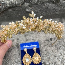 Michaelle Gold Gelin Kına Tacı Özel Gün Aksesuar Kadın Taç Ve Damla Mekik Küpe Takımı-MICHAELLE-19 Michaelle Gold Gelin Kına Tacı Özel Gün Aksesuar Kadın Taç Ve Damla Mekik Küpe Takımı-MICHAELLE-19