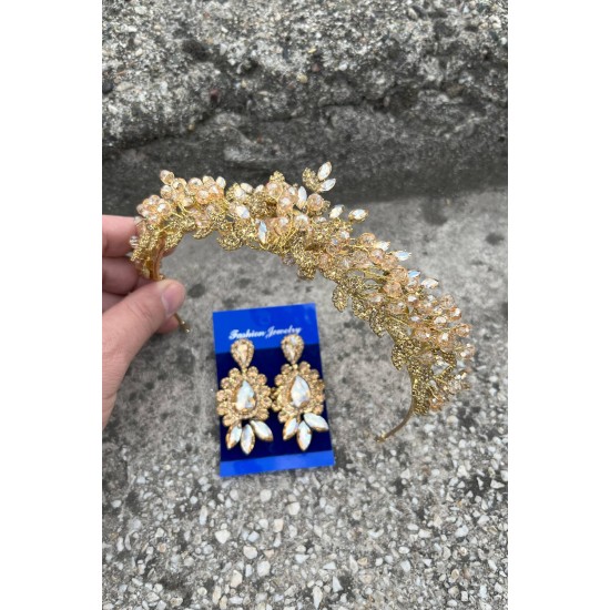 Michaelle Gold Gelin Kına Tacı Özel Gün Aksesuar Kadın Taç Ve Üç Mekik Küpe Takımı-MICHAELLE-20 Michaelle Gold Gelin Kına Tacı Özel Gün Aksesuar Kadın Taç Ve Üç Mekik Küpe Takımı-MICHAELLE-20