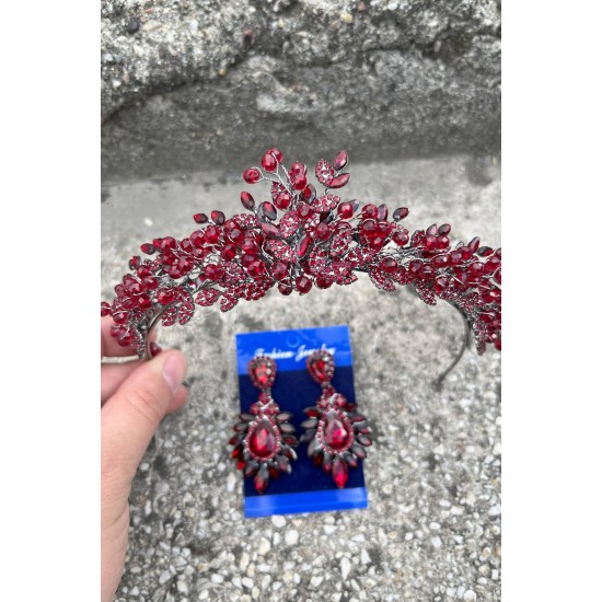 Michaelle Bordo Gelin Kına Tacı Özel Gün Aksesuar Kadın Taç Ve Geniş Mekik Küpe Takımı-MICHAELLE-25 Michaelle Bordo Gelin Kına Tacı Özel Gün Aksesuar Kadın Taç Ve Geniş Mekik Küpe Takımı-MICHAELLE-25