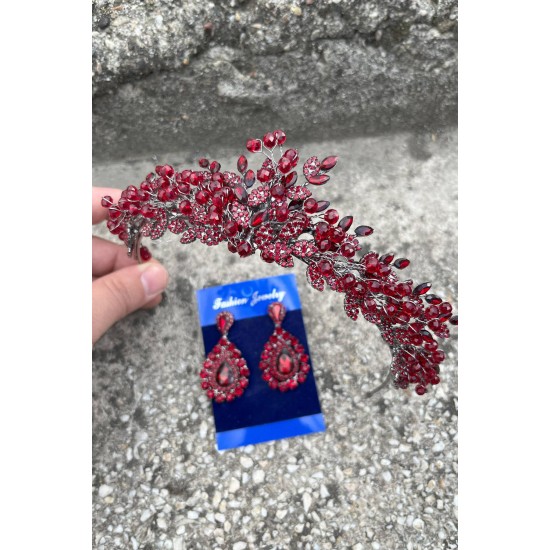 Michaelle Bordo Gelin Kına Tacı Özel Gün Aksesuar Kadın Taç Ve Damla Mekik Küpe Takımı-MICHAELLE-26 Michaelle Bordo Gelin Kına Tacı Özel Gün Aksesuar Kadın Taç Ve Damla Mekik Küpe Takımı-MICHAELLE-26