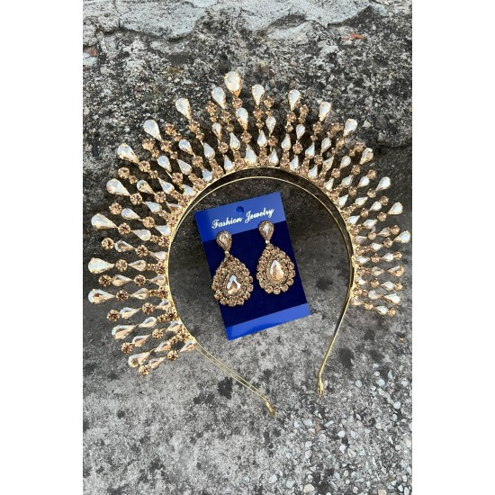 Michaelle Gold Gelin Kına Tacı Özel Gün Aksesuar Kadın Taç Ve Damla Mekik Küpe Takımı-MICHELLE-35 Michaelle Gold Gelin Kına Tacı Özel Gün Aksesuar Kadın Taç Ve Damla Mekik Küpe Takımı-MICHELLE-35