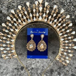 Michaelle Gold Gelin Kına Tacı Özel Gün Aksesuar Kadın Taç Ve Damla Mekik Küpe Takımı-MICHELLE-35 Michaelle Gold Gelin Kına Tacı Özel Gün Aksesuar Kadın Taç Ve Damla Mekik Küpe Takımı-MICHELLE-35