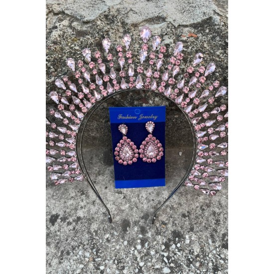 Michaelle Pembe Gelin Kına Tacı Özel Gün Aksesuar Kadın Taç Ve Damla Mekik Küpe Takımı-MICHELLE-8 Michaelle Pembe Gelin Kına Tacı Özel Gün Aksesuar Kadın Taç Ve Damla Mekik Küpe Takımı-MICHELLE-8