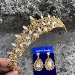 Clara Gold Gelin Kına Tacı Özel Gün Aksesuar Kadın Taç Ve Damla Mekik Küpe Takımı-NEWTAC-10 Clara Gold Gelin Kına Tacı Özel Gün Aksesuar Kadın Taç Ve Damla Mekik Küpe Takımı-NEWTAC-10