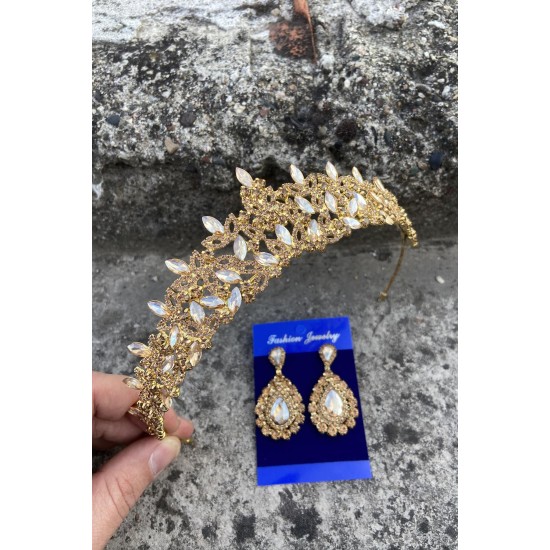 Clara Gold Gelin Kına Tacı Özel Gün Aksesuar Kadın Taç Ve Damla Mekik Küpe Takımı-NEWTAC-10 Clara Gold Gelin Kına Tacı Özel Gün Aksesuar Kadın Taç Ve Damla Mekik Küpe Takımı-NEWTAC-10