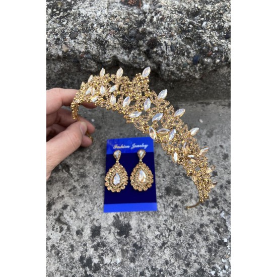 Clara Gold Gelin Kına Tacı Özel Gün Aksesuar Kadın Taç Ve Damla Mekik Küpe Takımı-NEWTAC-10 Clara Gold Gelin Kına Tacı Özel Gün Aksesuar Kadın Taç Ve Damla Mekik Küpe Takımı-NEWTAC-10
