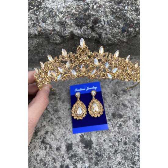 Clara Gold Gelin Kına Tacı Özel Gün Aksesuar Kadın Taç Ve Damla Mekik Küpe Takımı-NEWTAC-10 Clara Gold Gelin Kına Tacı Özel Gün Aksesuar Kadın Taç Ve Damla Mekik Küpe Takımı-NEWTAC-10