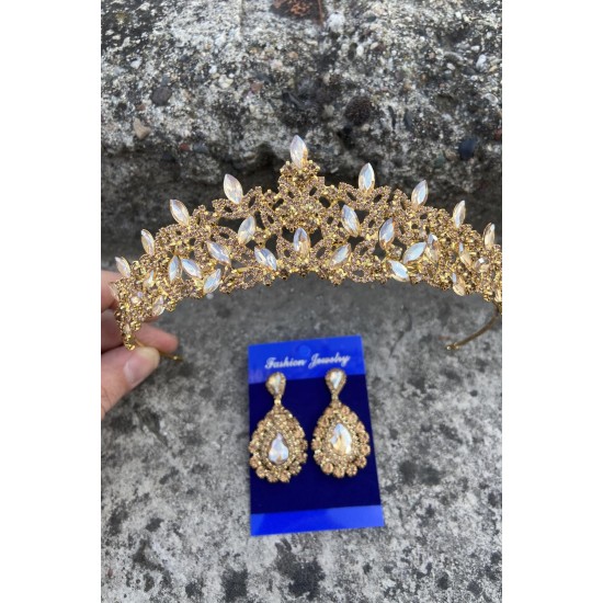 Clara Gold Gelin Kına Tacı Özel Gün Aksesuar Kadın Taç Ve Damla Mekik Küpe Takımı-NEWTAC-10 Clara Gold Gelin Kına Tacı Özel Gün Aksesuar Kadın Taç Ve Damla Mekik Küpe Takımı-NEWTAC-10