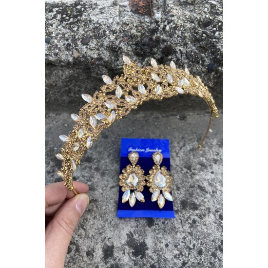 Clara Gold Gelin Kına Tacı Özel Gün Aksesuar Kadın Taç Ve Üç Mekik Küpe Takımı-NEWTAC-11 Clara Gold Gelin Kına Tacı Özel Gün Aksesuar Kadın Taç Ve Üç Mekik Küpe Takımı-NEWTAC-11