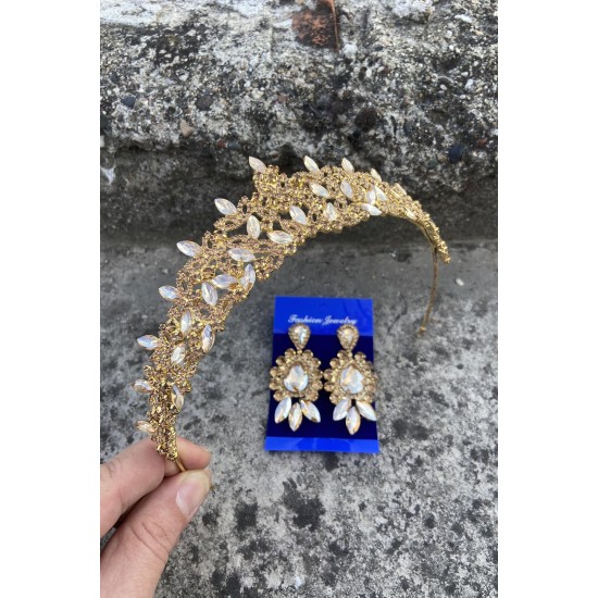 Clara Gold Gelin Kına Tacı Özel Gün Aksesuar Kadın Taç Ve Üç Mekik Küpe Takımı-NEWTAC-11 Clara Gold Gelin Kına Tacı Özel Gün Aksesuar Kadın Taç Ve Üç Mekik Küpe Takımı-NEWTAC-11