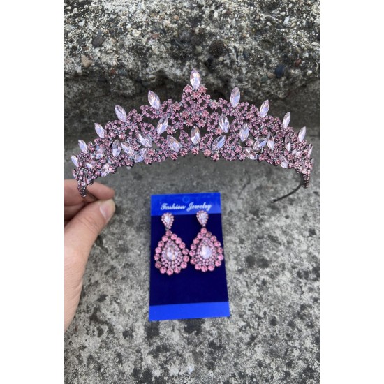 Clara Pembe Gelin Kına Tacı Özel Gün Aksesuar Kadın Taç Ve Damla Mekik Küpe Takımı-NEWTAC-13 Clara Pembe Gelin Kına Tacı Özel Gün Aksesuar Kadın Taç Ve Damla Mekik Küpe Takımı-NEWTAC-13