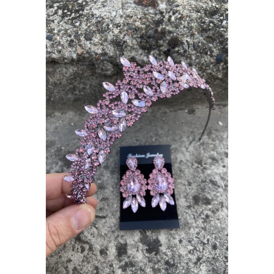 Clara Pembe Gelin Kına Tacı Özel Gün Aksesuar Kadın Taç Ve Üç Mekik Küpe Takımı-NEWTAC-14 Clara Pembe Gelin Kına Tacı Özel Gün Aksesuar Kadın Taç Ve Üç Mekik Küpe Takımı-NEWTAC-14
