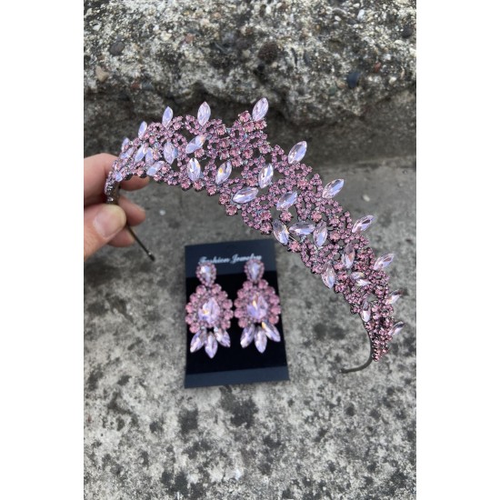 Clara Pembe Gelin Kına Tacı Özel Gün Aksesuar Kadın Taç Ve Üç Mekik Küpe Takımı-NEWTAC-14 Clara Pembe Gelin Kına Tacı Özel Gün Aksesuar Kadın Taç Ve Üç Mekik Küpe Takımı-NEWTAC-14