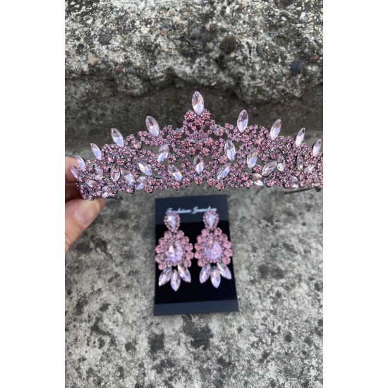 Clara Pembe Gelin Kına Tacı Özel Gün Aksesuar Kadın Taç Ve Üç Mekik Küpe Takımı-NEWTAC-14 Clara Pembe Gelin Kına Tacı Özel Gün Aksesuar Kadın Taç Ve Üç Mekik Küpe Takımı-NEWTAC-14