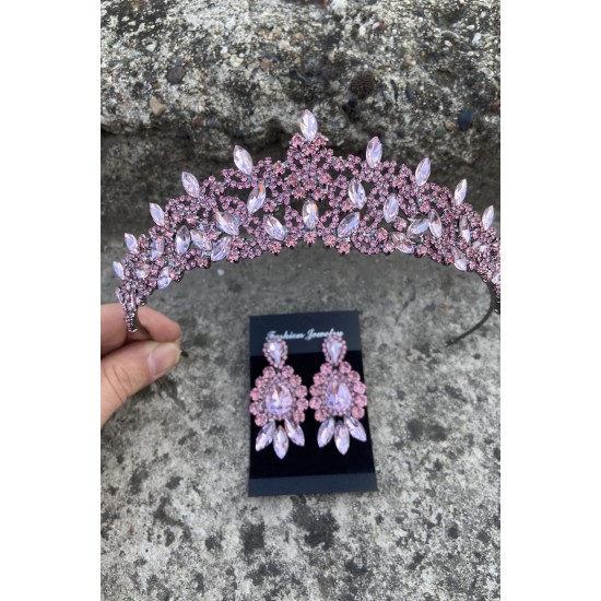 Clara Pembe Gelin Kına Tacı Özel Gün Aksesuar Kadın Taç Ve Üç Mekik Küpe Takımı-NEWTAC-14 Clara Pembe Gelin Kına Tacı Özel Gün Aksesuar Kadın Taç Ve Üç Mekik Küpe Takımı-NEWTAC-14