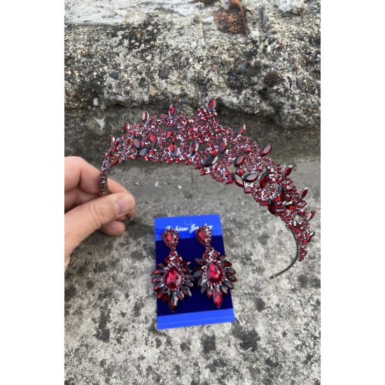 Clara Bordo Gelin Kına Tacı Özel Gün Aksesuar Kadın Taç Ve Geniş Mekik Küpe Takımı-NEWTAC-16 Clara Bordo Gelin Kına Tacı Özel Gün Aksesuar Kadın Taç Ve Geniş Mekik Küpe Takımı-NEWTAC-16