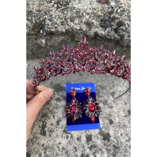 Clara Bordo Gelin Kına Tacı Özel Gün Aksesuar Kadın Taç Ve Geniş Mekik Küpe Takımı-NEWTAC-16 Clara Bordo Gelin Kına Tacı Özel Gün Aksesuar Kadın Taç Ve Geniş Mekik Küpe Takımı-NEWTAC-16