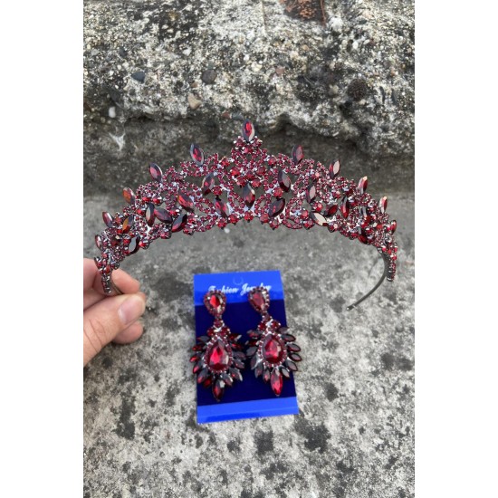 Clara Bordo Gelin Kına Tacı Özel Gün Aksesuar Kadın Taç Ve Geniş Mekik Küpe Takımı-NEWTAC-16 Clara Bordo Gelin Kına Tacı Özel Gün Aksesuar Kadın Taç Ve Geniş Mekik Küpe Takımı-NEWTAC-16