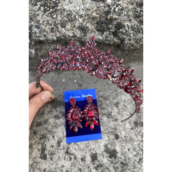 Clara Bordo Gelin Kına Tacı Özel Gün Aksesuar Kadın Taç Ve Üç Mekik Küpe Takımı-NEWTAC-17 Clara Bordo Gelin Kına Tacı Özel Gün Aksesuar Kadın Taç Ve Üç Mekik Küpe Takımı-NEWTAC-17