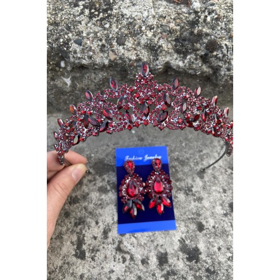 Clara Bordo Gelin Kına Tacı Özel Gün Aksesuar Kadın Taç Ve Üç Mekik Küpe Takımı-NEWTAC-17 Clara Bordo Gelin Kına Tacı Özel Gün Aksesuar Kadın Taç Ve Üç Mekik Küpe Takımı-NEWTAC-17