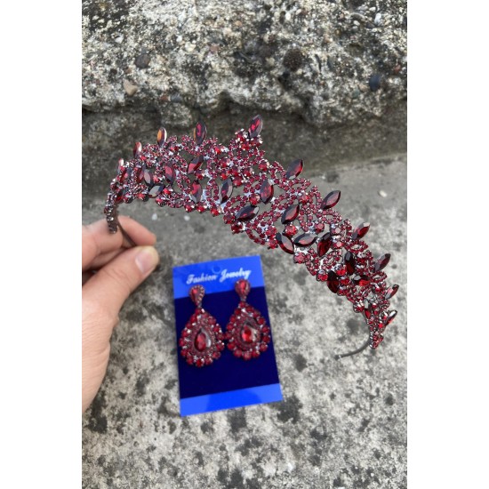 Clara Bordo Gelin Kına Tacı Özel Gün Aksesuar Kadın Taç Ve Damla Mekik Küpe Takımı-NEWTAC-18 Clara Bordo Gelin Kına Tacı Özel Gün Aksesuar Kadın Taç Ve Damla Mekik Küpe Takımı-NEWTAC-18